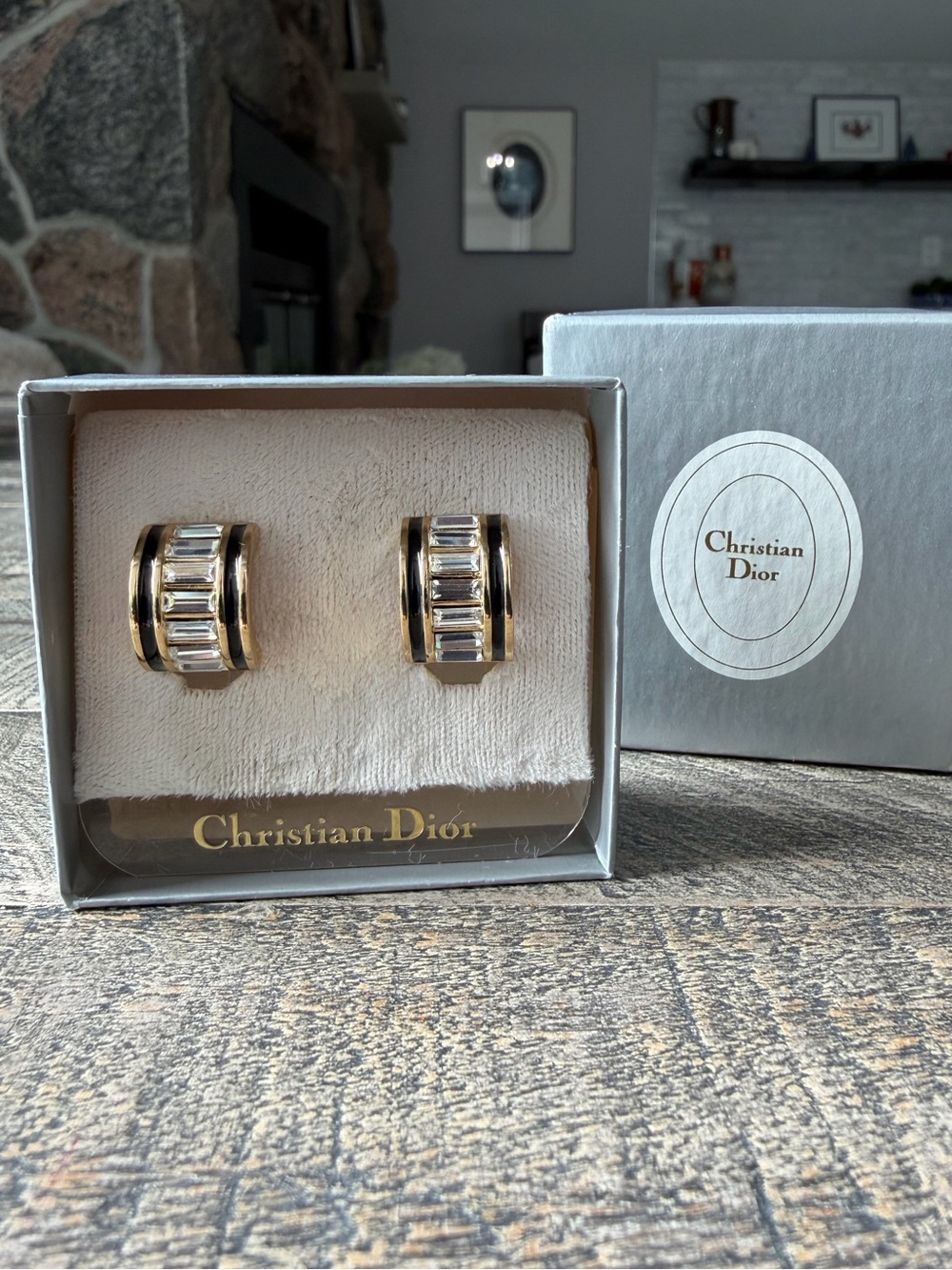 Vintage Christian Dior Art Deco Crystal and Onyx Enamel Clip-On Earrings